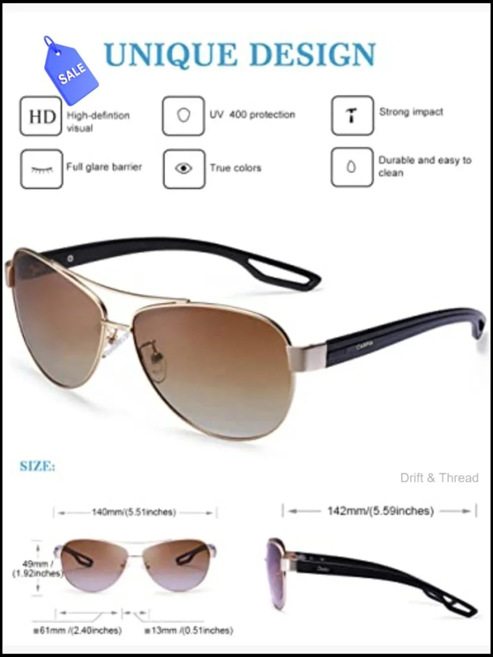 Polarized UV400 Sunglasses Women TR90 Flexible Metal Frame Large Coverage
